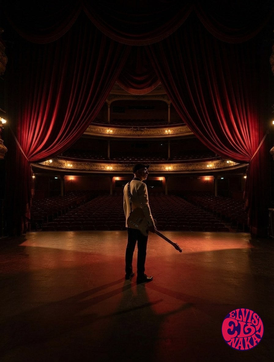 Elvis Naka de espaldas en el escenario de un teatro vacío