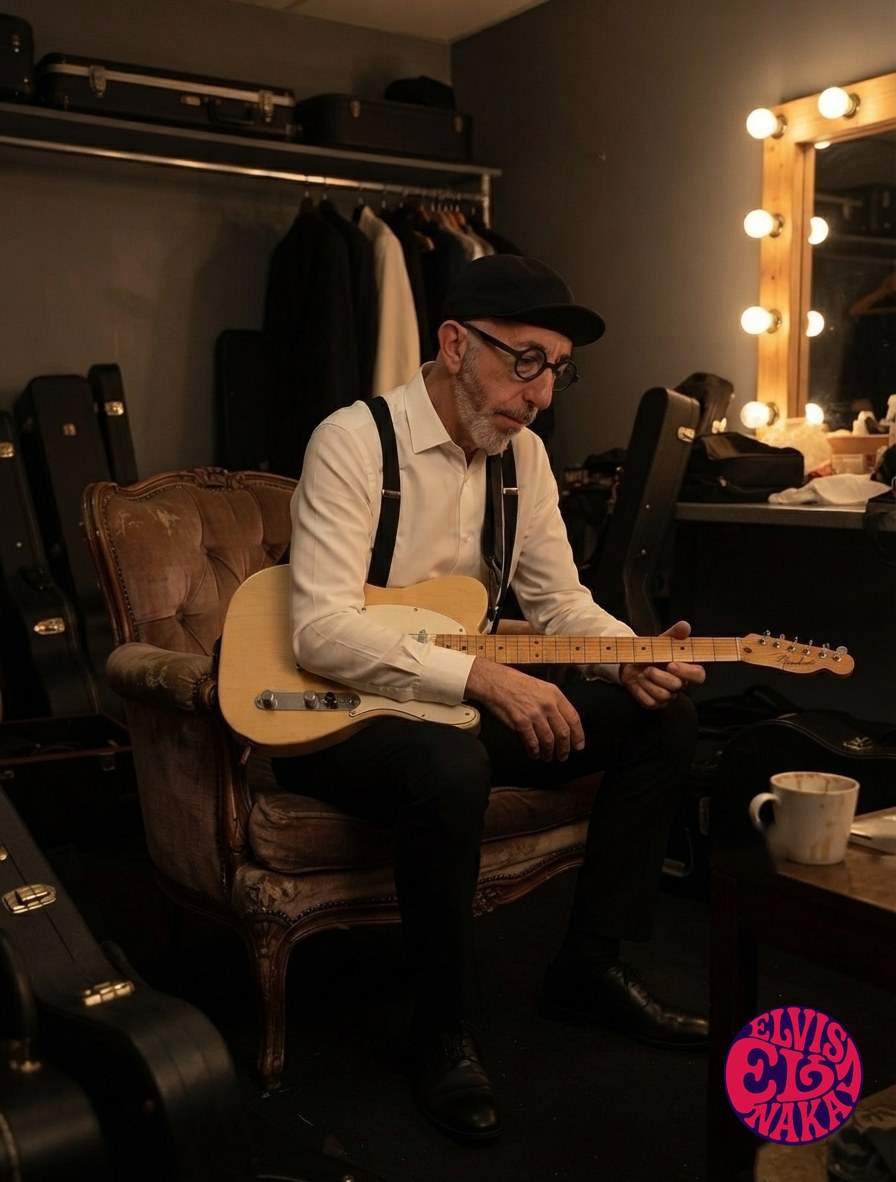 Elvis Naka en el camerino con la Telecaster