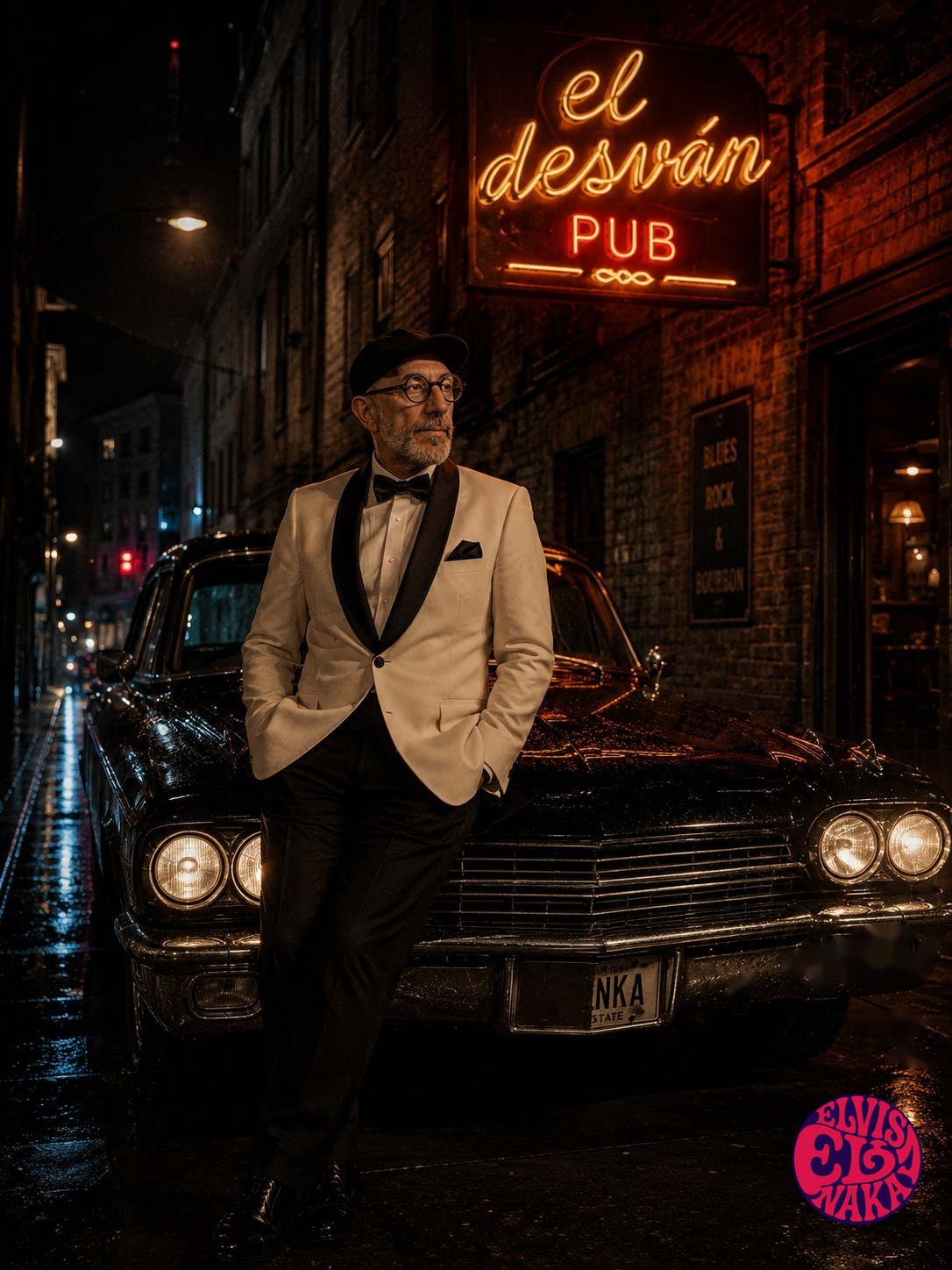 Elvis Naka apoyado en un coche clásico junto al neón de un pub de blues por la noche