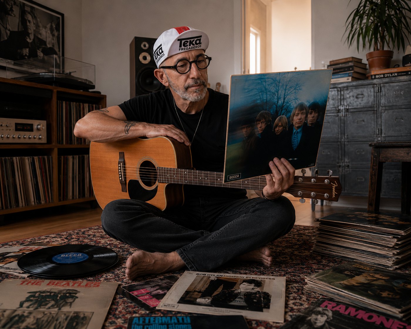 Elvis Naka sentado en el suelo del salón con la guitarra y un vinilo de los Stones entre las manos, rodeado de discos