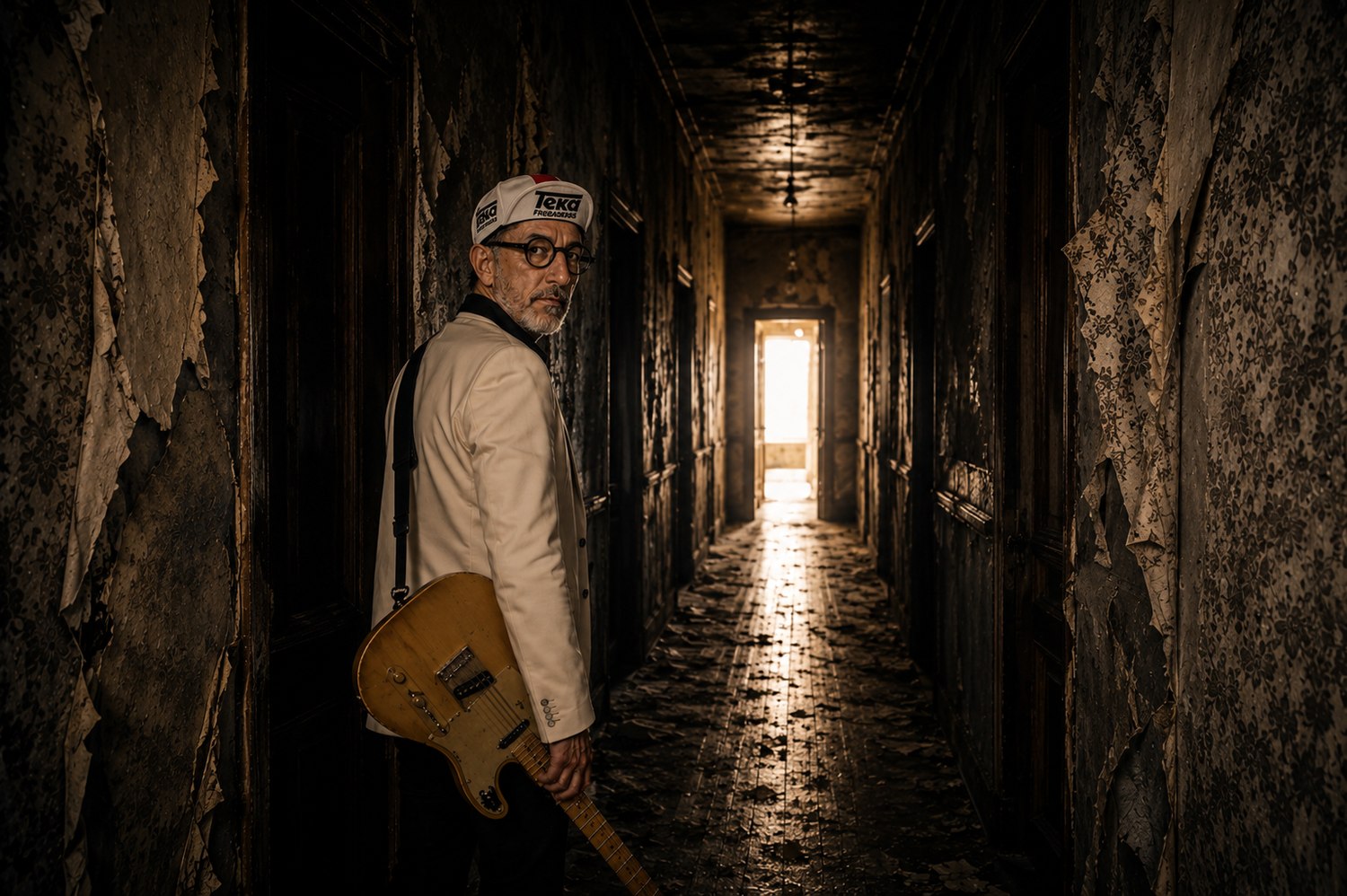 Elvis Naka mirando atrás en un pasillo de paredes desconchadas, con la Telecaster en la mano y una luz al fondo