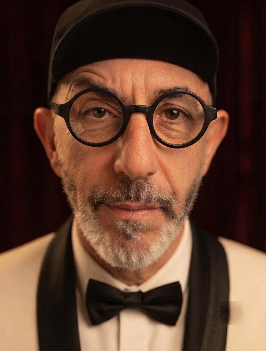 Retrato de Elvis Naka de frente: gorra negra, gafas redondas, barba canosa y pajarita, con el telón rojo al fondo