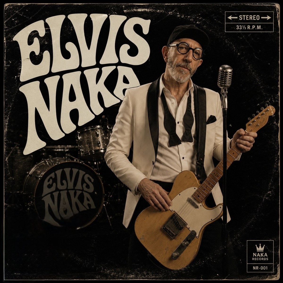 Portada del LP «Entre bombones»: Elvis Naka con esmoquin blanco y su Telecaster, con el nombre en letras psicodélicas